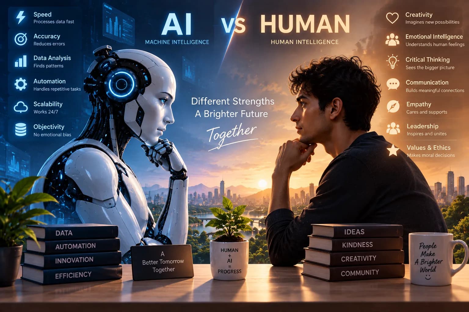 Two profiles face each other, one drawn with circuit lines and one organic, meeting at a bright spark that suggests people and AI working together